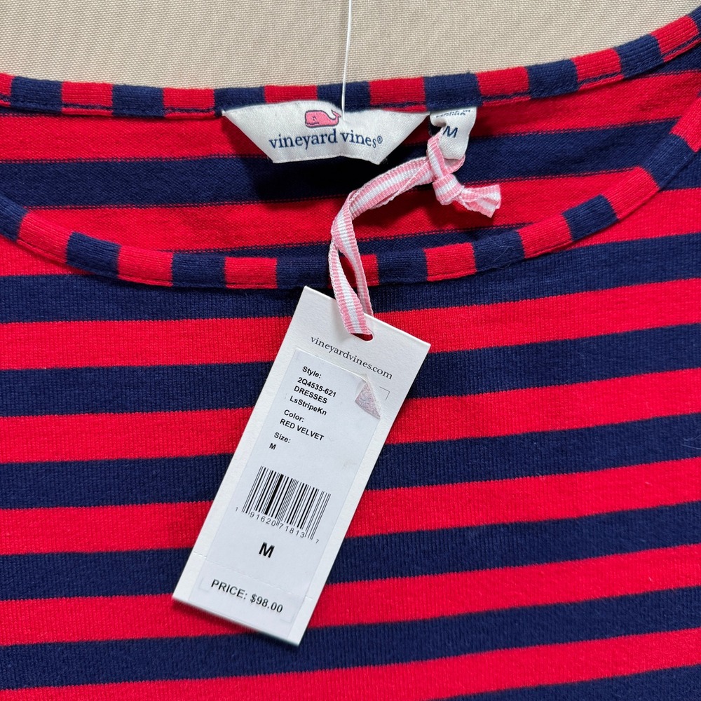 Vineyard Vines Red Navy Striped 3/4‎ Sleeve Boat Neck Dress Medium Preppy NWT - Picture 4 of 10